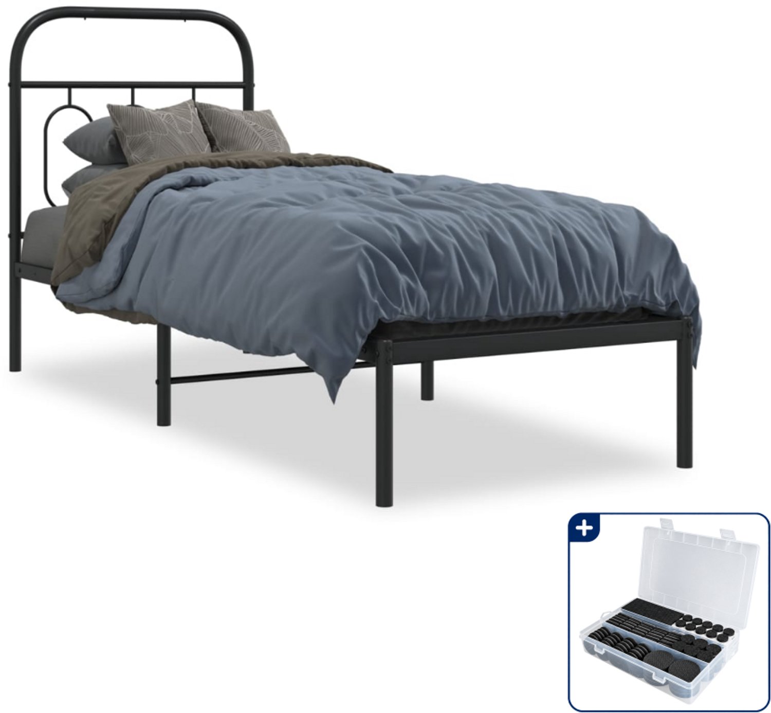 vidaXL bedframe met hoofdbord - 75 x 190 cm - staal - zwart - Inclusief antikrasvilt 177-delig