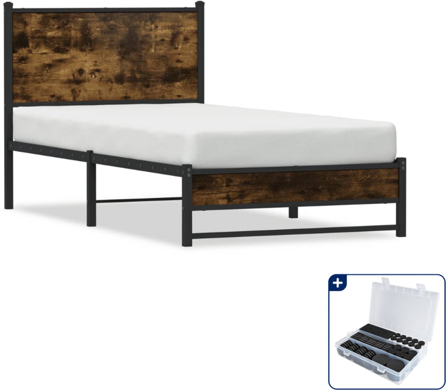 vidaXL bedframe - 80 x 200 cm - staal en bewerkt hout - gerookt eiken - Inclusief antikrasvilt 177-delig Bruin
