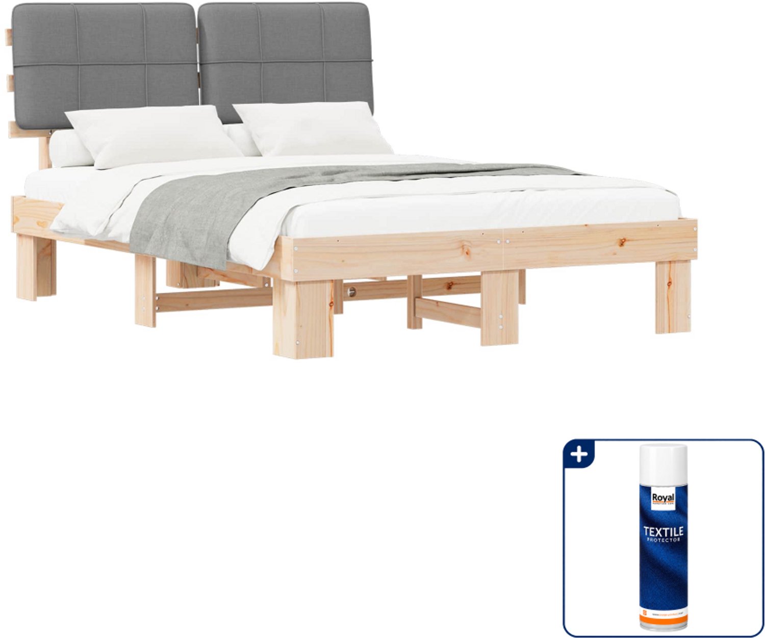 vidaXL bedframe - 150 x 200 cm - massief grenenhout - naturel en lichtgrijs - Inclusief textielbeschermer 500 ml