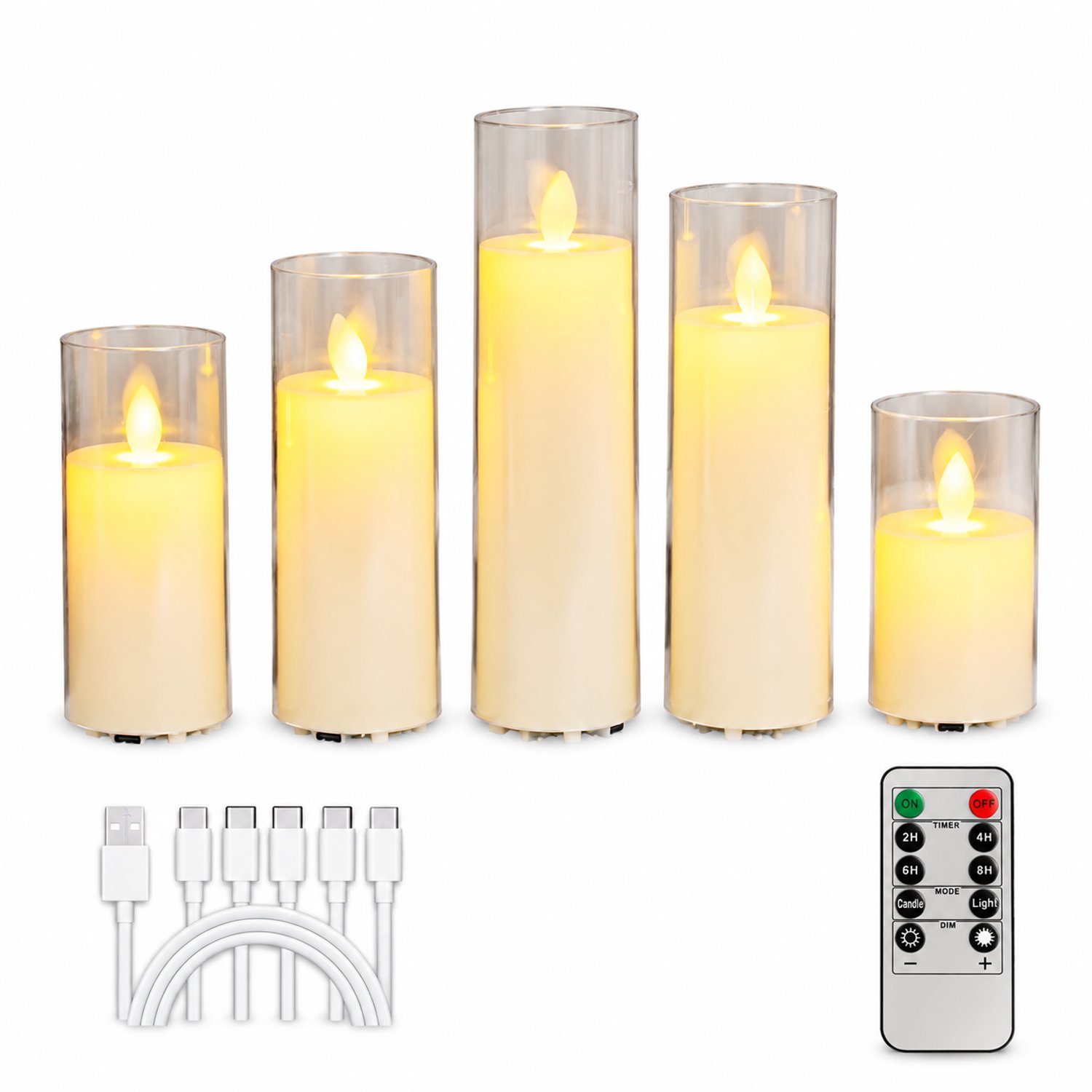 elektronische kaarsen, oplaadbare set van 5 met bewegende vlam en afstandsbediening, diameter 5,5 cm, hoogtes 10/12,5/15/17,5/20 cm