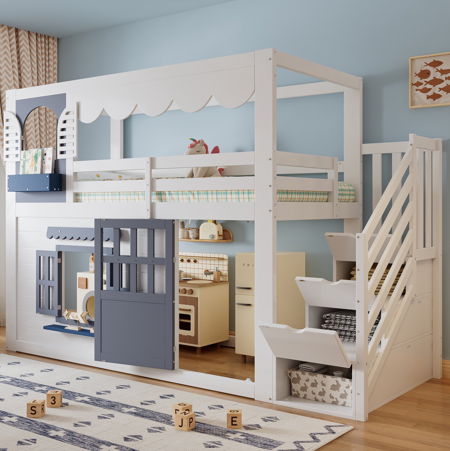 WUVRIE Halfhoogslaper 90x200 cm - Huisdesign met opbergtrap, te openen deur en ramen - Wit/blauw