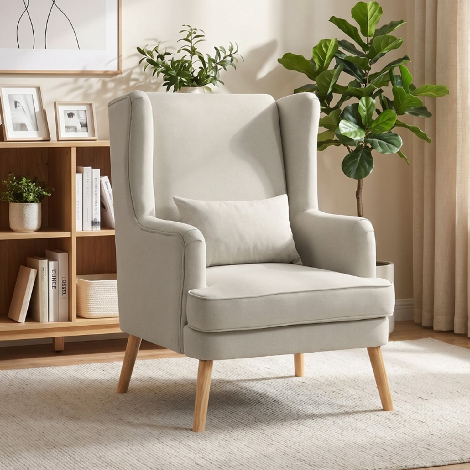 MODFU Fauteuil - Hoge Rugleuning - Lendenkussen - Beige - Stof - 77 X 77 X 110 Cm