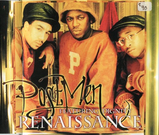 Drie mannen in oranje kleding en hoeden voor een albumhoes van Postmen met de titel Renaissance featuring Dignity.