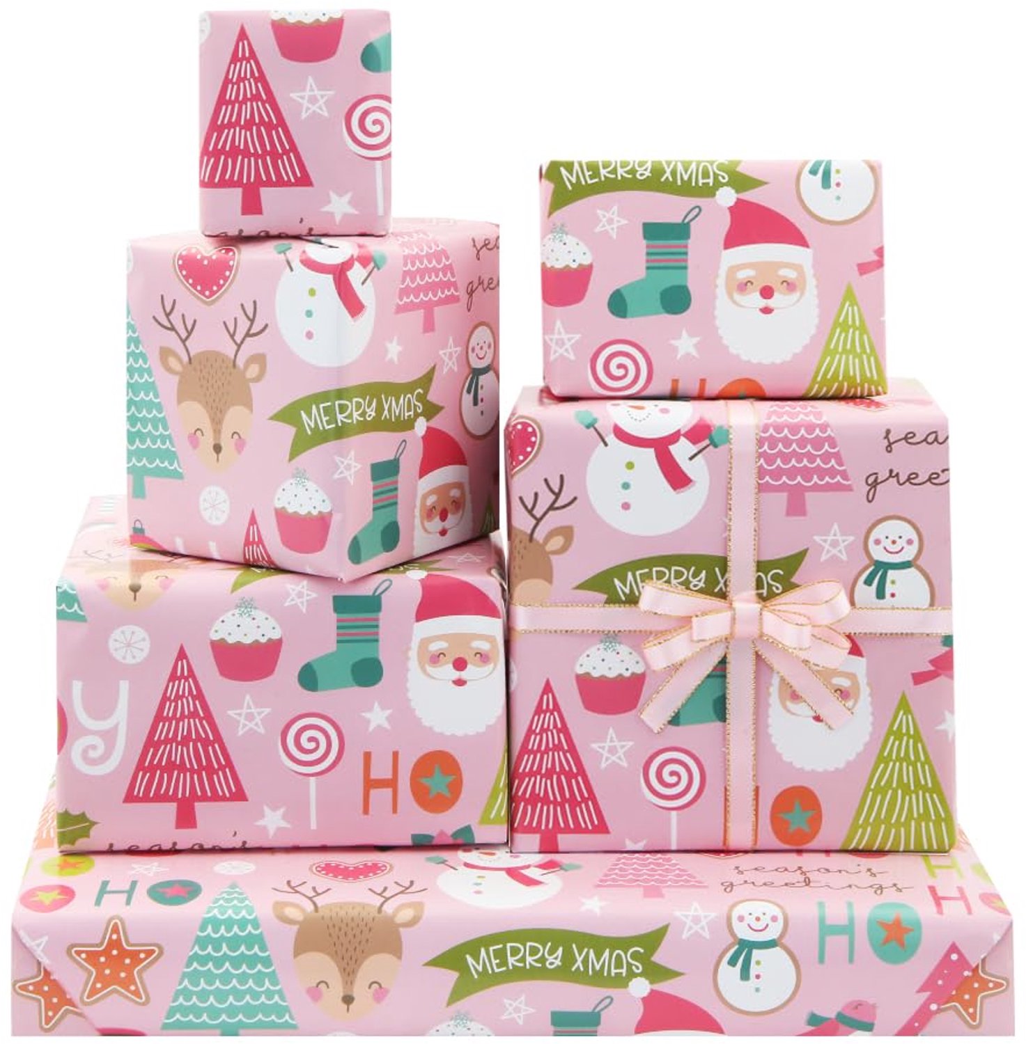 Kerstcadeaupapier Roze met Ribbons, 6 Vellen