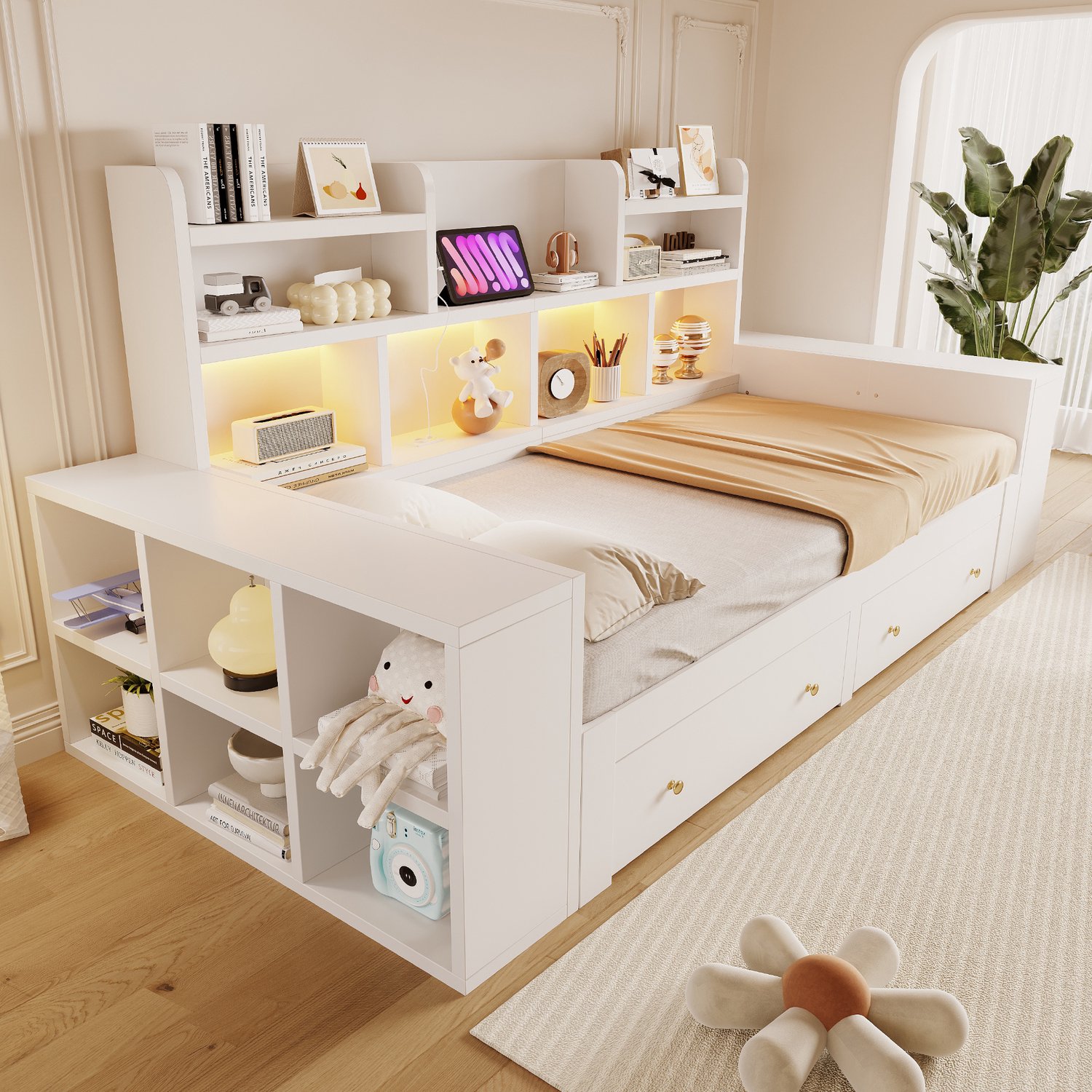 WUVRIE Uitschuifbare slaapbank 90x200 cm - Uitbreidbaar tot 180x200 cm - LED en opbergruimte - Wit