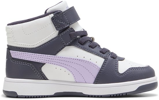 PUMA Rebound Slam Mid kindersneaker in wit, donkergrijs en lichtpaars met klittenbandsluiting.