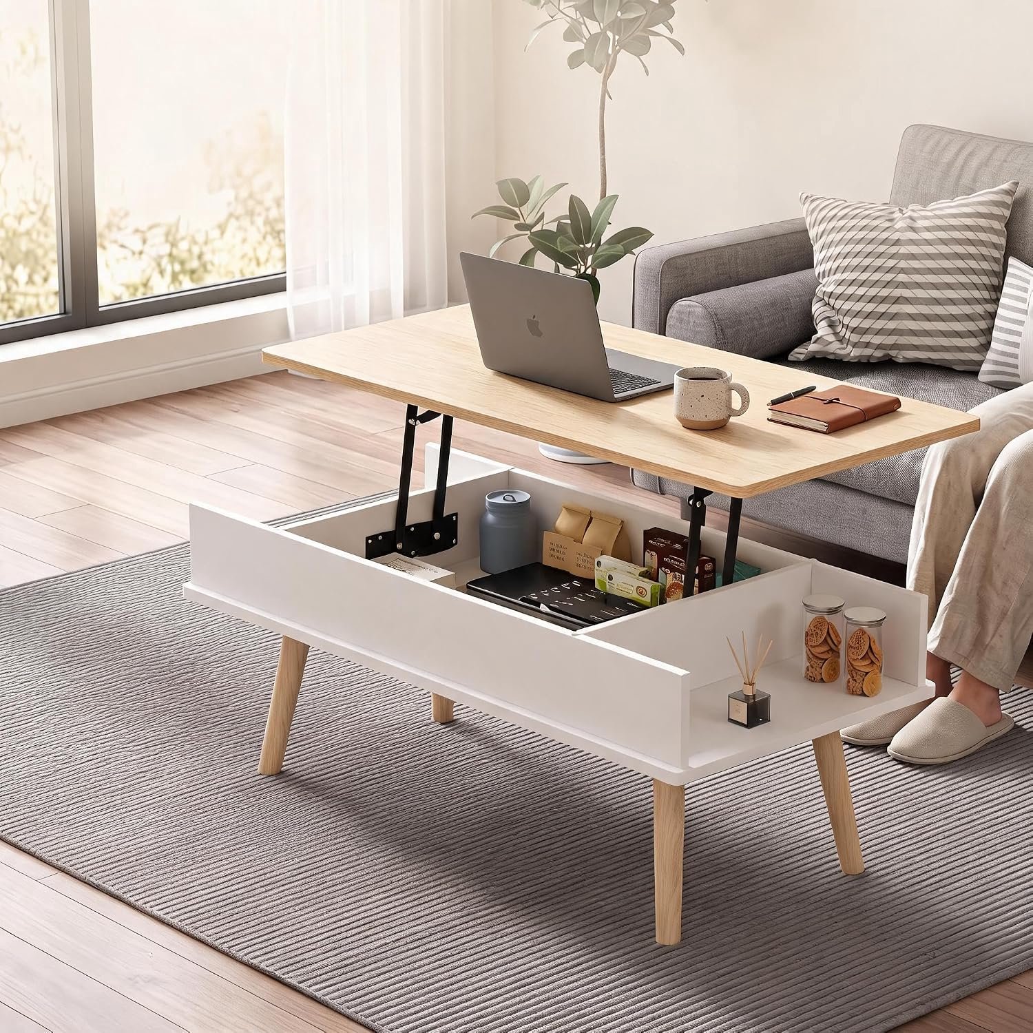Triumpunpre Salontafel 100x50x41.5 cm met OpbergplankKoffietafel Bijzettafel Verborgen Opbergvak Verstelbaar - voor Woonkamer, Thuiskantoor - Houtkleur