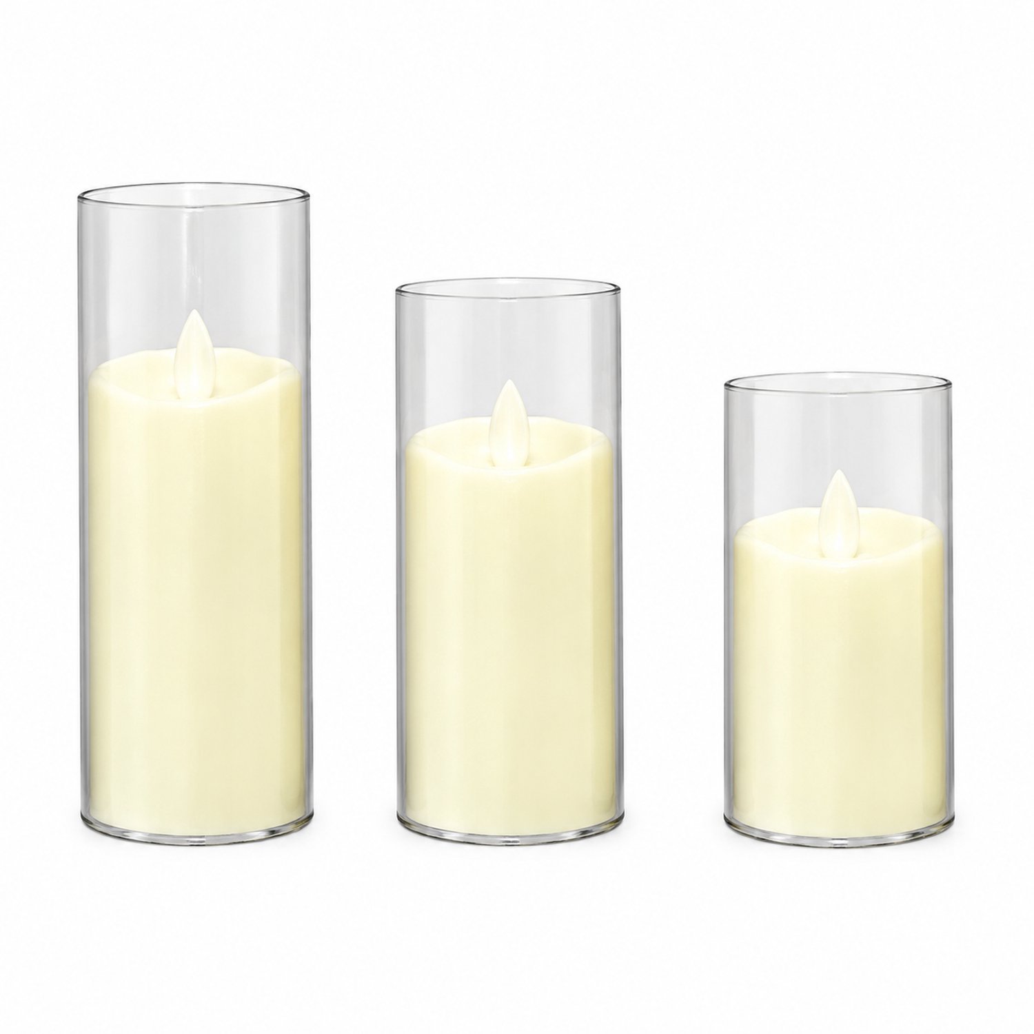SWGOTA led kaarsen met bewegende vlam, 5 × 15 cm, glazen omhulsel en golvende bovenrand, 12 per displaydoos Ivoorwit