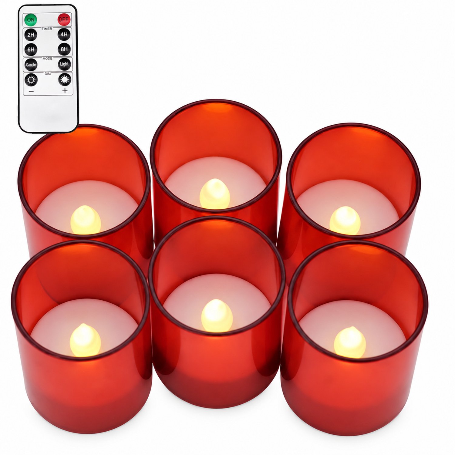 led kaarsen in rode bekervorm, 6 stuks per doos, met imitatievlam, kleine afstandsbediening en 1 knoopcel voor de afstandsbediening