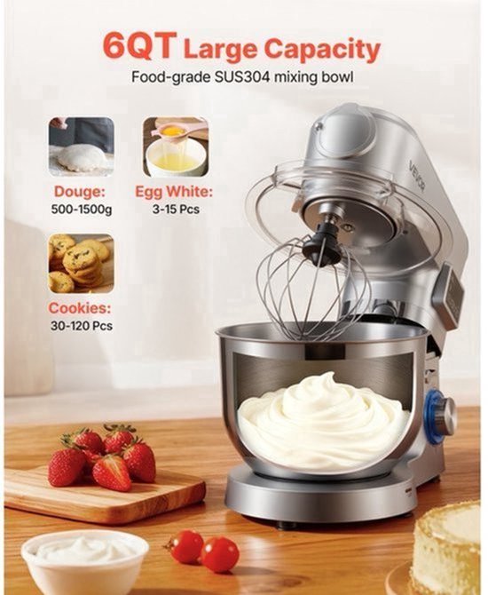 Keukenmachine Elektrisch - 1500 W Vermogen - 5,7 L Roestvrijstalen Kom - ABS Materiaal - Zilver Kleur - Multifunctioneel Mixer — afbeelding 3