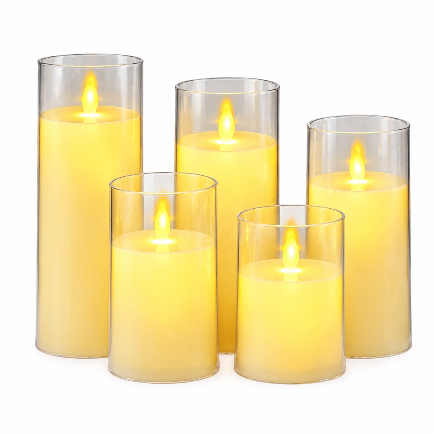 led kaarsen, set van 5, ivoorkleurig, met bewegende vlam, warm licht en transparante cilindervormige kap