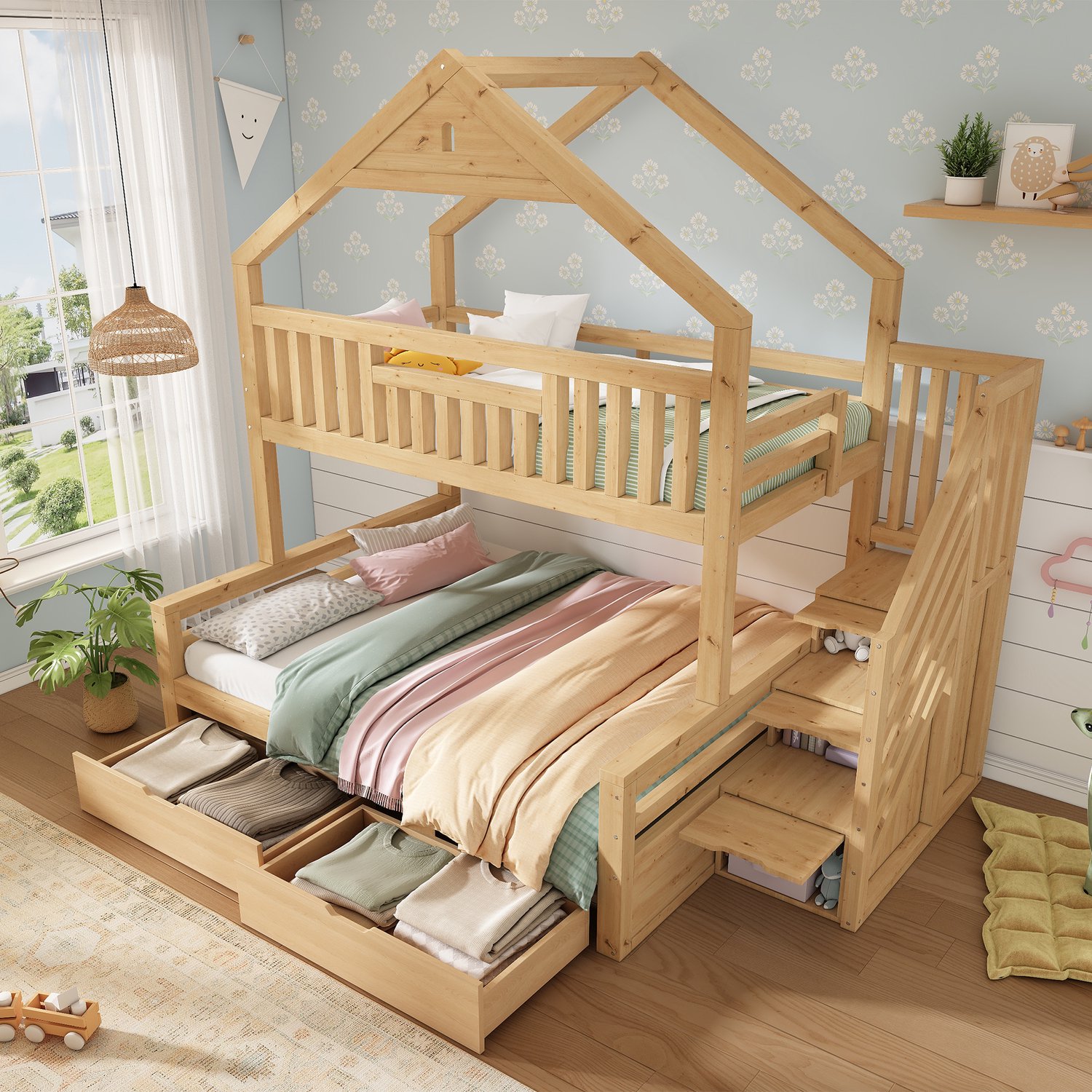 intebiki Kinderstapelbed 90x200 & 140x200cm - houten huisbed met trap - 2 lades - zadeldak - familiebed - EN 747 - eikenkleur (exclusief matras)