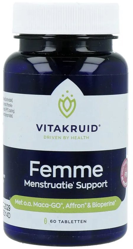 Voorkant van een blauwe Vitakruid Femme pot met witte dop, tekst 'Femme Menstruatie Support' en 60 tabletten.