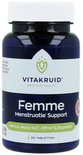 Voorkant van een blauwe Vitakruid Femme pot met witte dop, tekst 'Femme Menstruatie Support' en 60 tabletten.