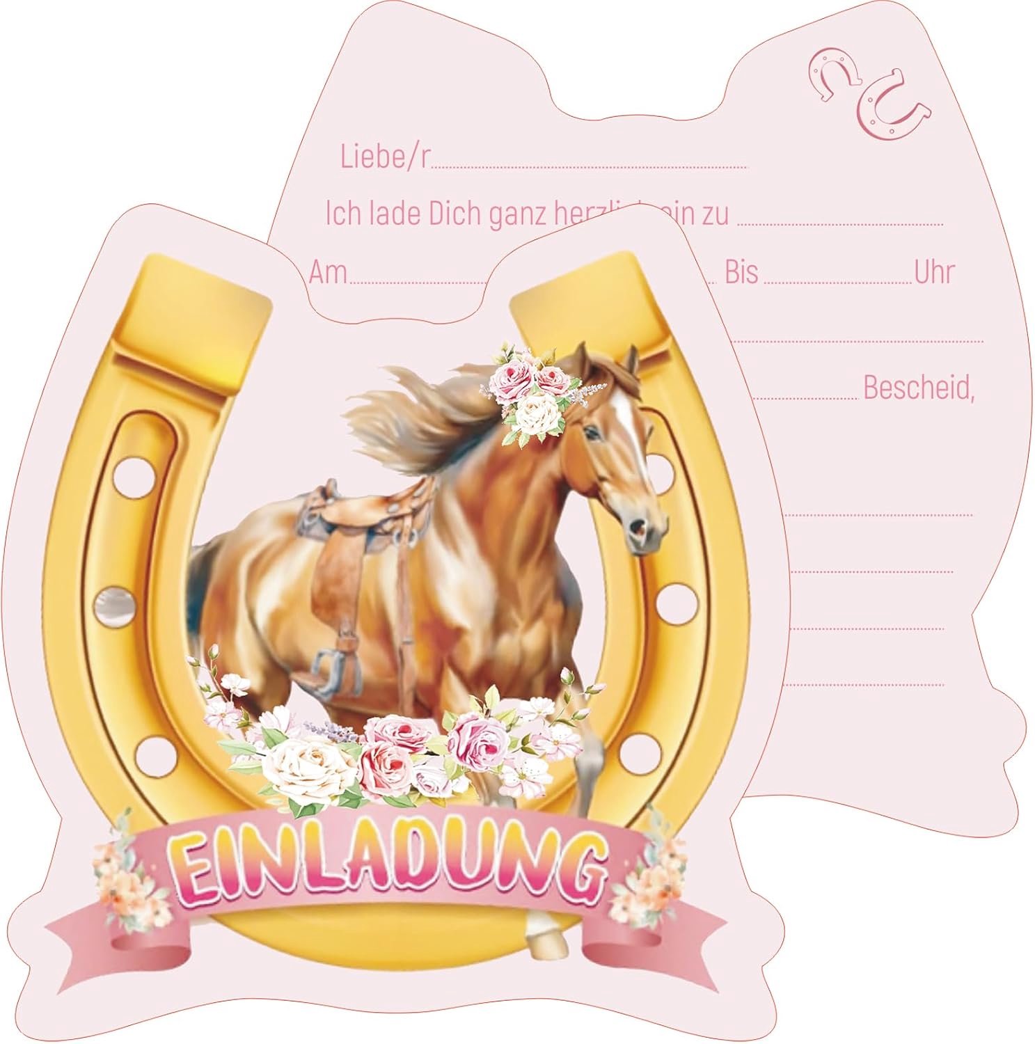 15 Uitnodigingskaarten Paardjes voor kinderfeestjes 4-10 jaar, Roze 13.5 x 14.4 cm