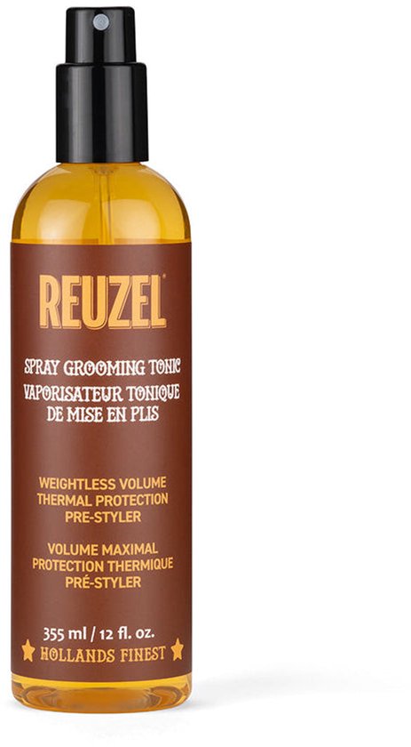Fles Reuzel Spray Grooming Tonic 355ml met bruin etiket en zwarte verstuiver.