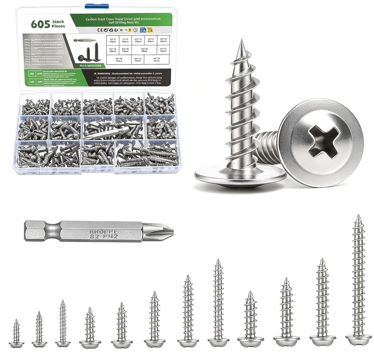 605 stuks plaatschroeven, zelftappende schroeven, M2, M3, M4 carrosserieschroeven, kruiskopschroeven, platte - ShopVlot
