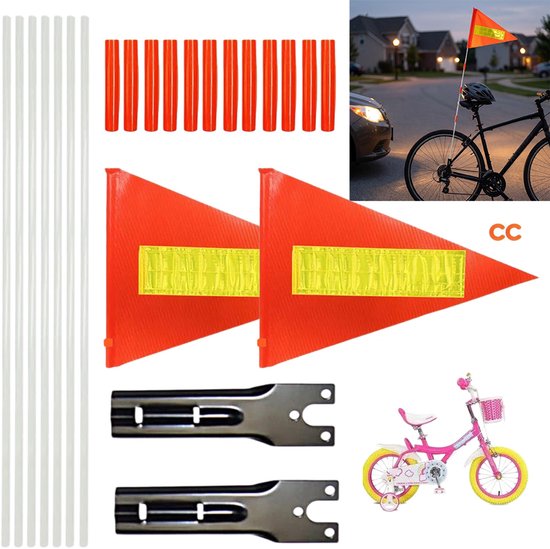 Oranje fietsvlaggen met reflecterende banden, bevestigingsbeugels, stokken en een roze kinderfiets.