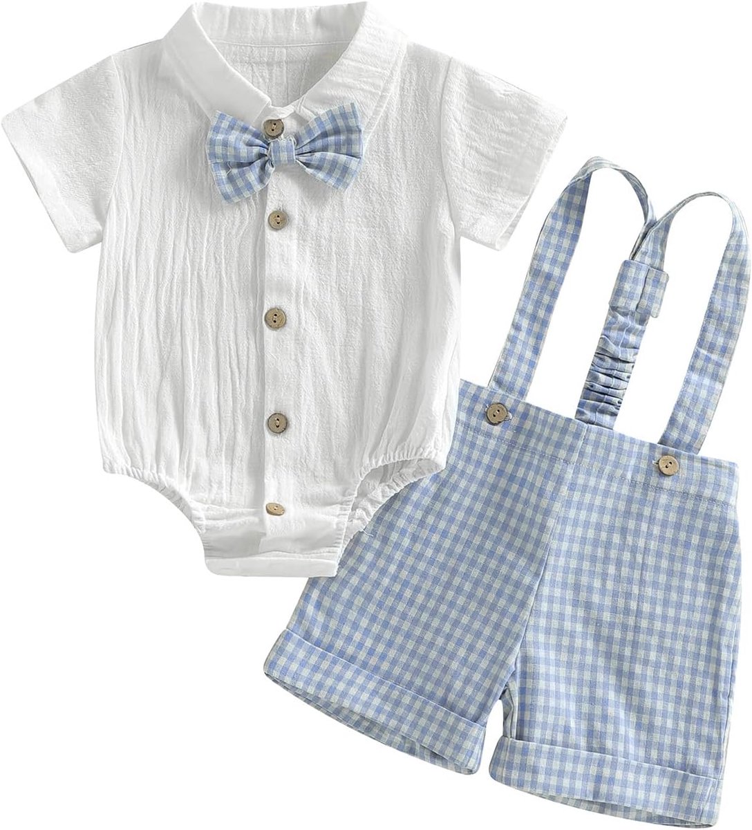 Kleding voor heren, pasgeborenen, geruite top, vlinderdas, shorts met bretels, zomerkleding voor pasgeborenen