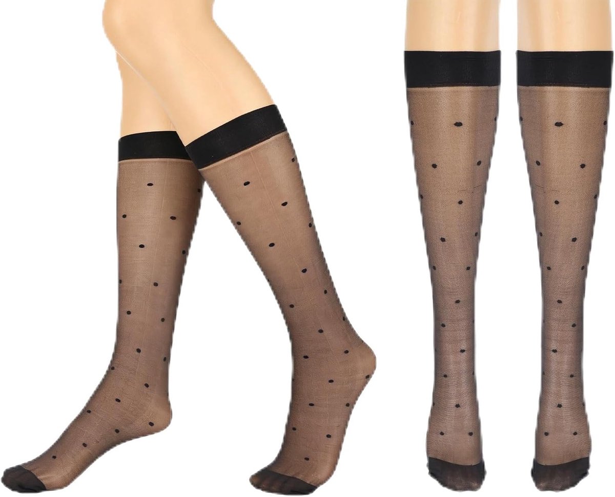 6 Paar Zwarte Doorszichtige Kniekousen met Stippen, Elastisch Dunne Teensokken voor Dames Doorszichtige Panty Ademend Dameskousen voor Dagelijks Gebruik
