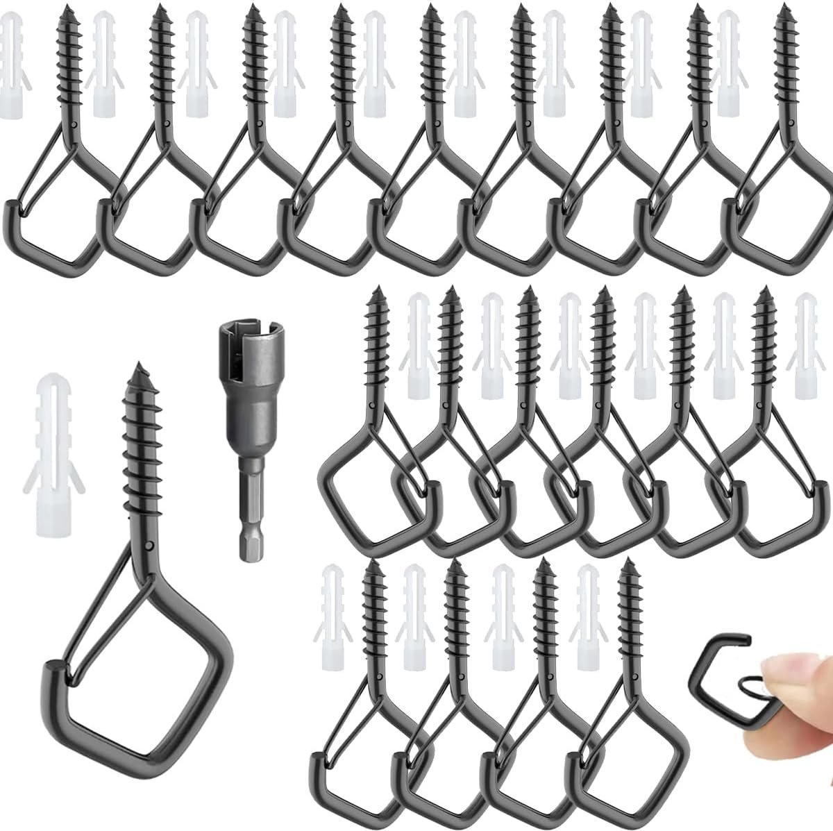 Haken schroeven met veiligheidsgesp, zwarte schroefhaken, wandhaken om te schroeven, plafondhaken voor het ophangen van planten, decoratieve lampen, bloempotten (20, zwart)