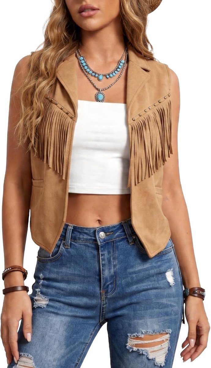 Damesvest met franjes, retro suède vest, jaren '70, hippie-look, kunstsuède, mouwloos, vintage, korte franjes, cowgirl-klinknagels, vest