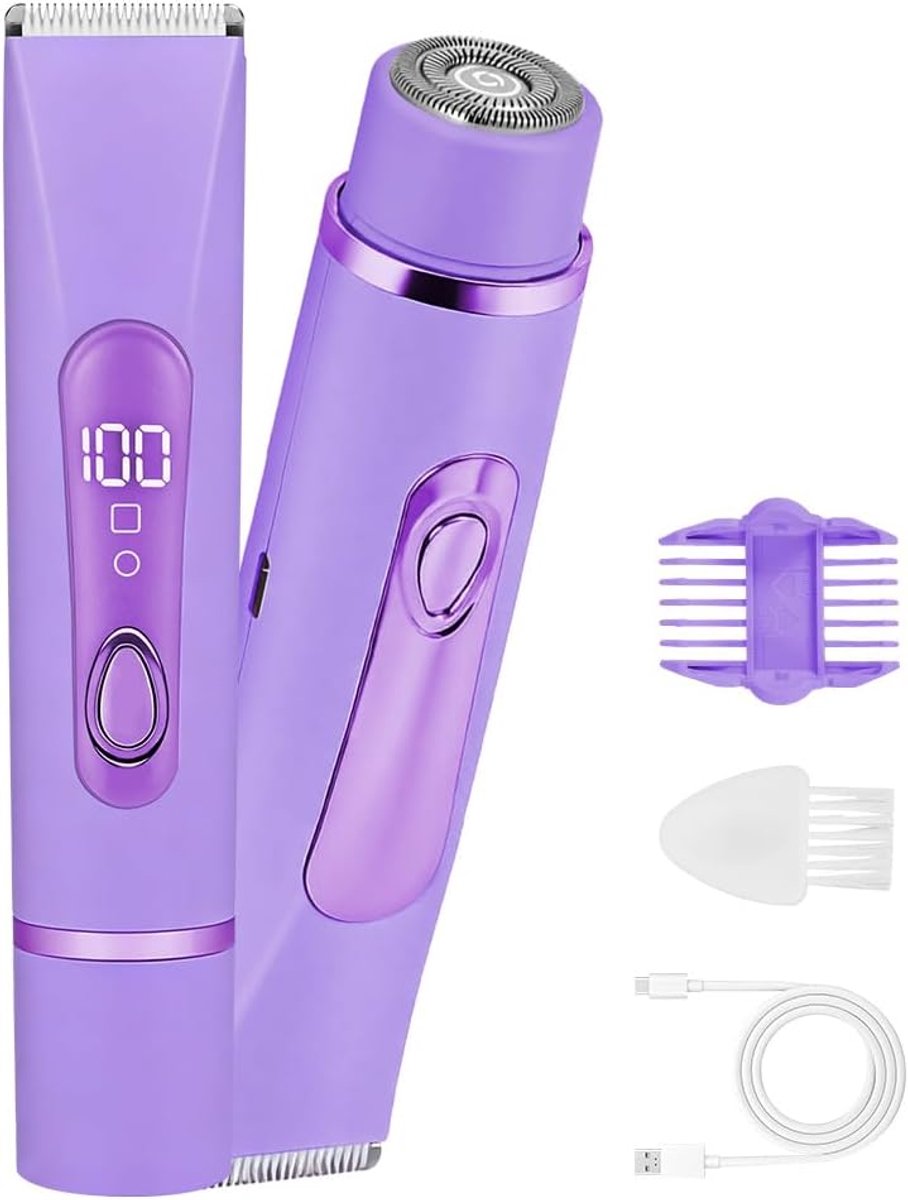 Dames, 2-in-1 elektrisch Dual Head Shaver met IPX7 waterdicht, intiem scheerapparaat voor dames, USB-opladen, LCD-display, bikini-Trimmer, epilator voor gezicht, oksels