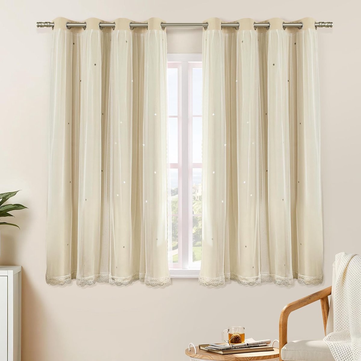 Verduisteringsgordijn voor slaapkamer dubbellaags 132 x 137 cm van polyester met voile sterrendesign schuifdeur meerkleurig beige 132/137