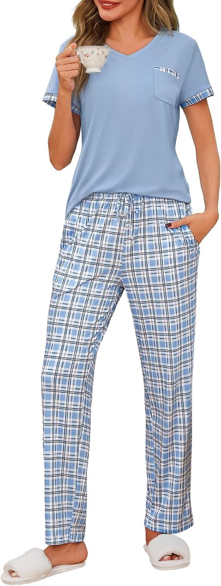 Pyjama dames korte mouwen geruite slaapbroek lange pyjama dames zomer pyjama voor dames nachtkleding vrouwen pijama's