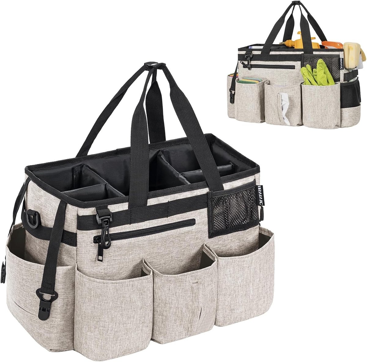 Schoonmaaktas 20 x 15 x 26 cm met Verwijderbaar Compartment, Draagbare Organizer met Verstelbare Schouderband, Beige, Ruim en Praktisch voor Thuis en Reizen
