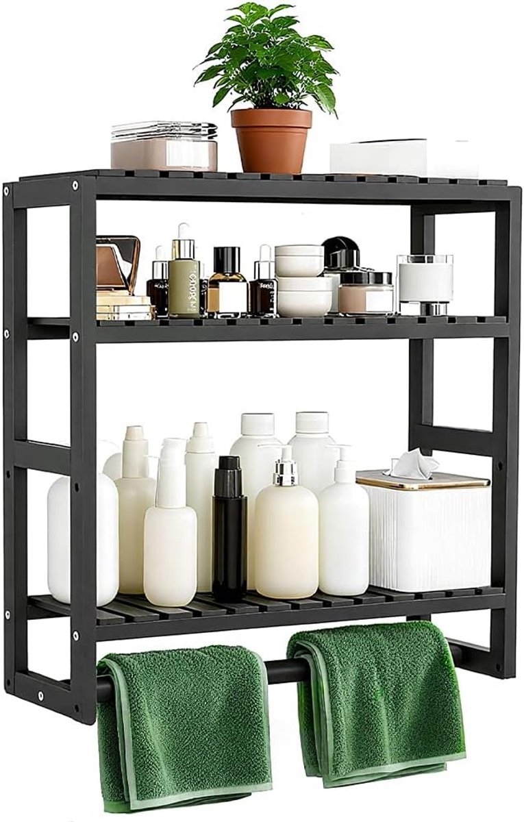 Drie niveaus badkamerplank van bamboe, ruimtebesparende wandplank, houten opbergoplossing voor badkamer 43 x 42 x 15 cm