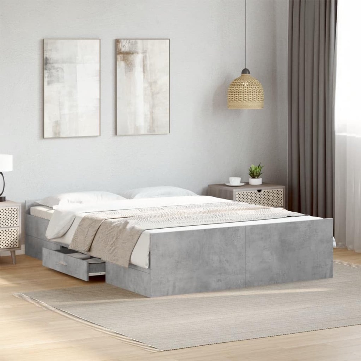 Hout Opbergbed met lades Standaard 135x190 cm Betongrijs