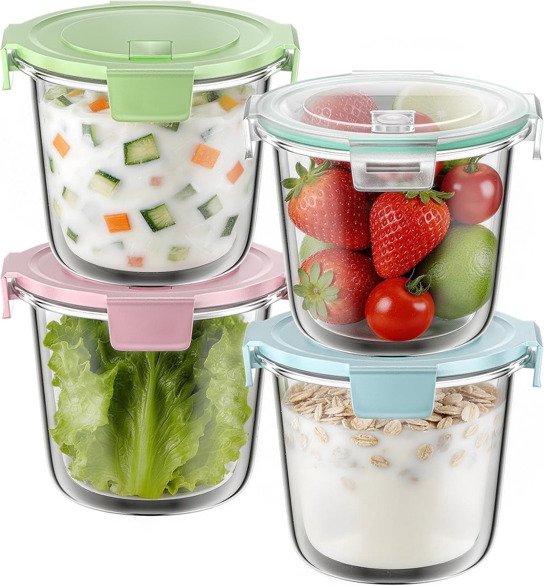 4 stuks 710 ml ronde glazen voedselopslagcontainers met luchtdichte deksels - lekvrije maaltijdbereidingskommen voor soep, salade, lunch, pap, BPA-vrij, magnetron, vriezer