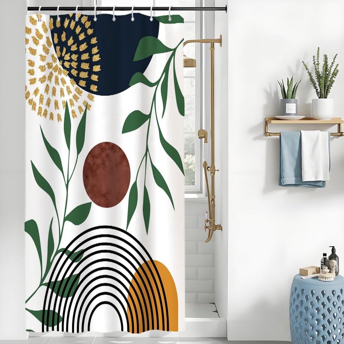 Douchegordijn, abstract, bogen, zon, zwart, strepen, minimalistisch, modern, douchegordijnen, anti-schimmel, waterdicht, polyester stof, wasbaar, badgordijn met haken, 120 x 200 cm (b x h)