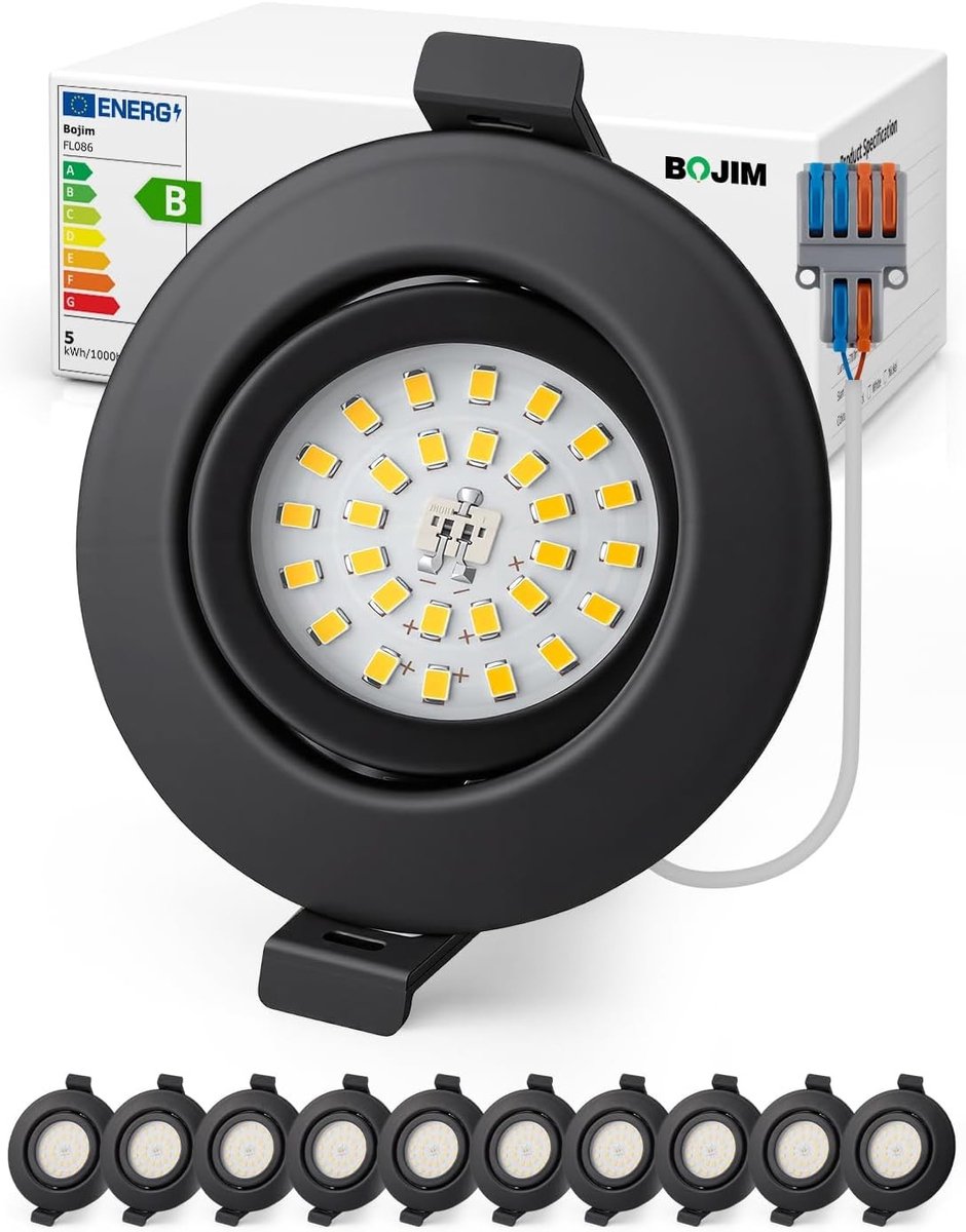 LED Inbouwspot, Zwart, IP44, 4.7 W, Energieklasse B, Plafondspots voor Badkamer, Keuken en Woonkamer, Warm Wit 3000 K, Inbouwverlichting, Set van 10, Geschikt voor Diverse Ruimtes
