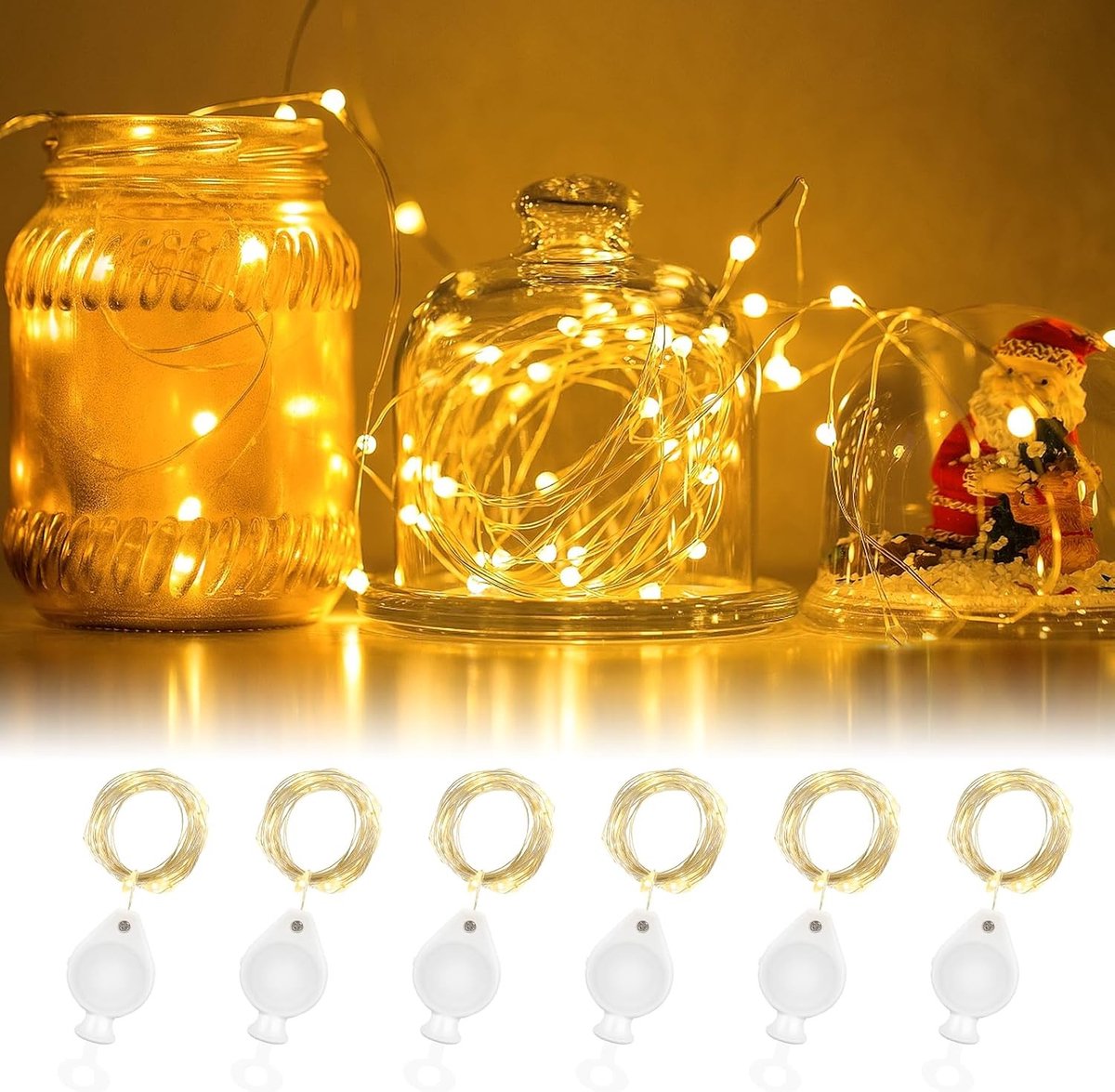 6 x Batterij Aangedreven LED Sfeerverlichting, 2 m, 20 Mini LED Lichten, Warm Wit, Binnenverlichting voor Kerst, Halloween, Bruiloften en Feesten, Decoratieve Verlichting