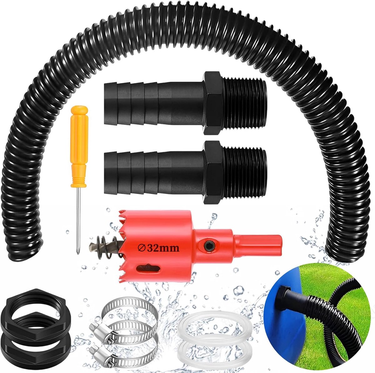 Waterbutt verbindingsset 100 cm - flexibele slang 25 mm - inclusief rubberen afdichtingen - verbindt regenwateropslag - ShopVlot