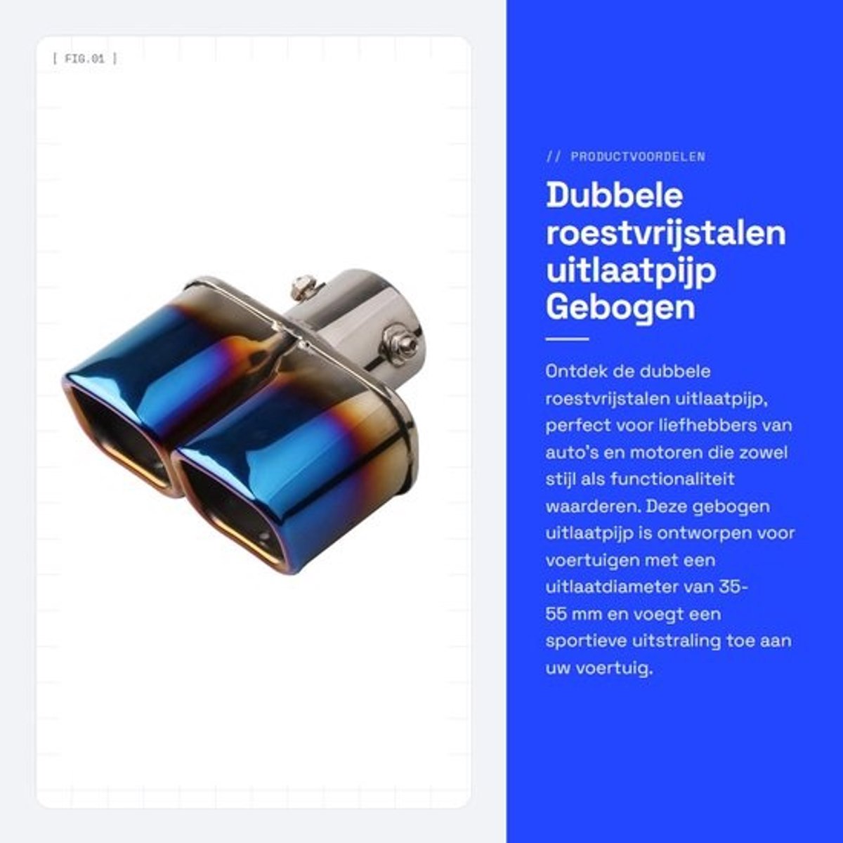 Dailygoods - Dubbele uitlaatpijp - roestvrij staal - verstelbaar - gebogen - diameter 35-55 mm - gebakken blauw - Uitlaat