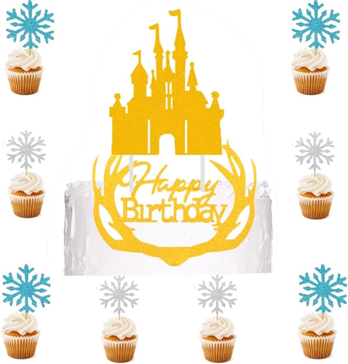Taartdecoratie gewei Happy Birthday taarttopper en frozen glitter decoratie met sneeuwvlok voor verjaardag, taartdecoratie, Kerstmis, taartdecoratie, bruidstaart, taartdecoratie, goud, zilver