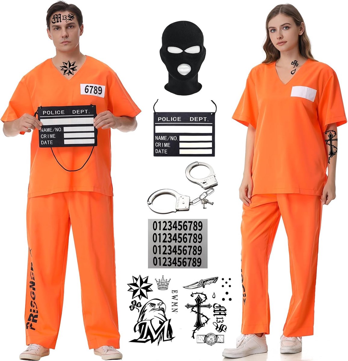 Gevangenenenkostuum voor mannen en vrouwen, oranje gevangenis-gevangenis-outfits voor Halloween, gevangenisuniform, veroordeelde kostuumset voor volwassenen