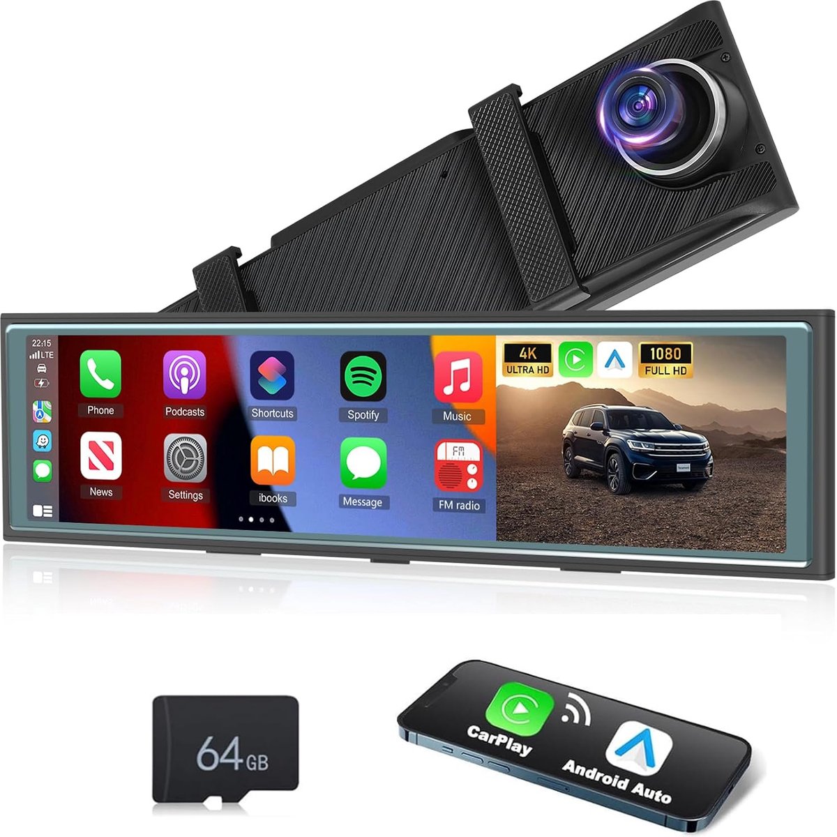 NHOPEEW 10.99 inch Rearview Mirror with 4K Front Camera – Wireless CarPlay & Android Car – Support Mirror Link FM - ShopVlot