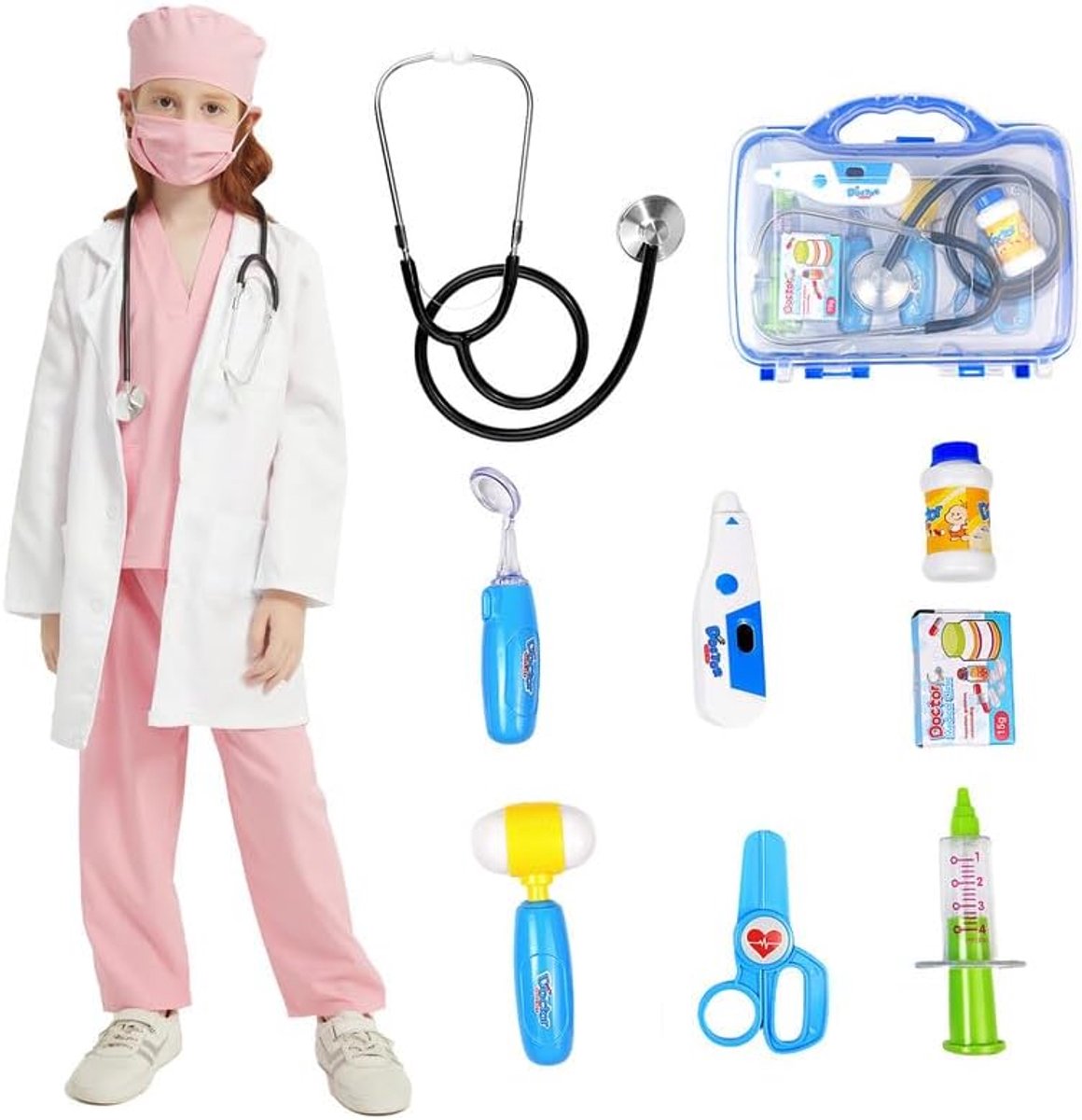 Dokterskostuum voor kinderen met medicijndoos thermometer, stethoscoop, spuit, mondendoscoop, enz., Kinderkleding met laboratoriumjas voor Halloween.