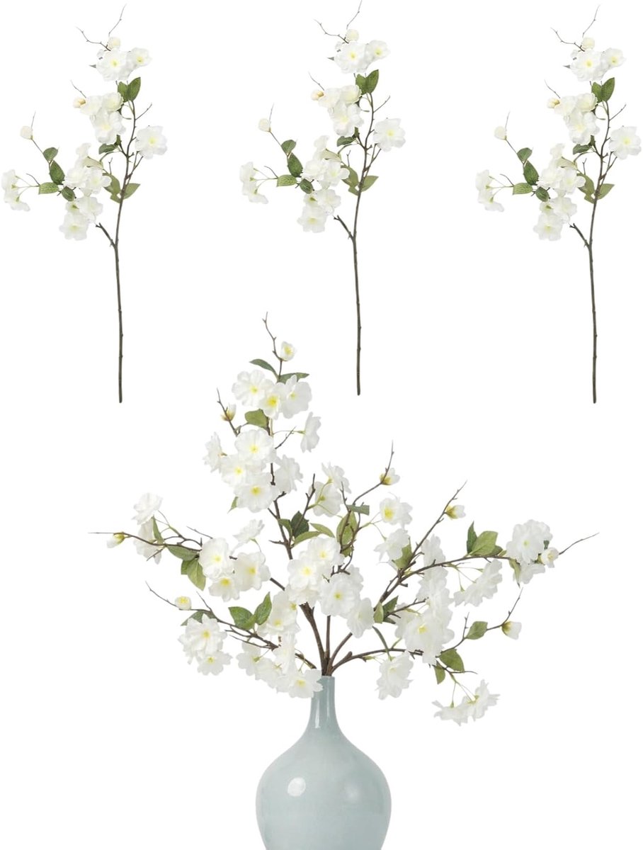Kunstbloemen kersenbloesems, 3 stuks, artistieke kersenbloesemtakken, decoratie, 69 cm, witte kunstbloemen - ShopVlot