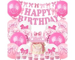 YOUYIKE 54 Pieces Birthday Decoration Pink Set, Bows Decoration Balloon Pink Bows Cake Banner Balloons Birthday - ShopVlot