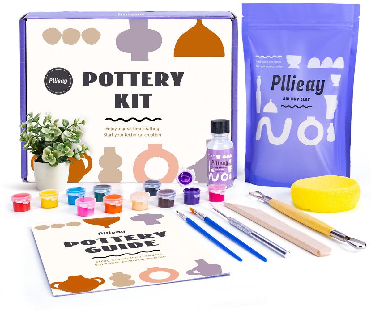 SnelShoppen - Doe-het-zelf Pottenbakkersset voor Beginners - Luchtdrogende Huispottenbakkersset met Klei, Gereedschap, Verf, Kwasten en Handleiding -