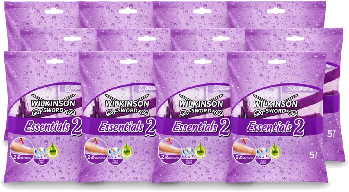 12 x Wilkinson - Wegwerpscheermesjes Essentials 2 - Voor Dames - Antislip Greep - 5 scheermesjes - Voordeelverpakking - 12 stuks