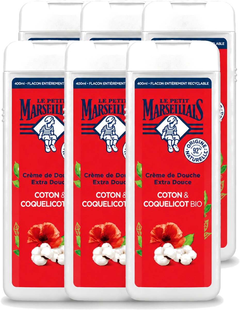 6 x Le Petit Marseillais – Douchegel – Bio Katoenmelk & Papaver – 400 ml - Voordeelverpakking - 6 stuks