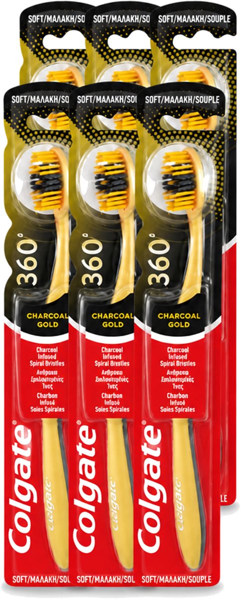 6 x Colgate - Tandenborstel - 360 Charcoal Gold Soft - Zwart/Goud - 1 Tandenborstel - Voordeelverpakking - 6 stuks