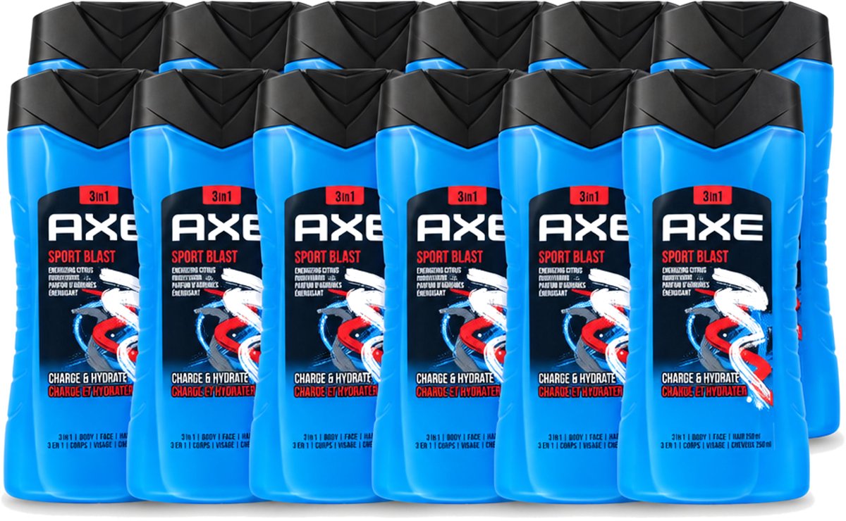 12 x Axe - 3-in-1 Douchegel - Sport Blast - Energizing Citrus - Hydraterend - 250 ml - Voordeelverpakking - 12 stuks