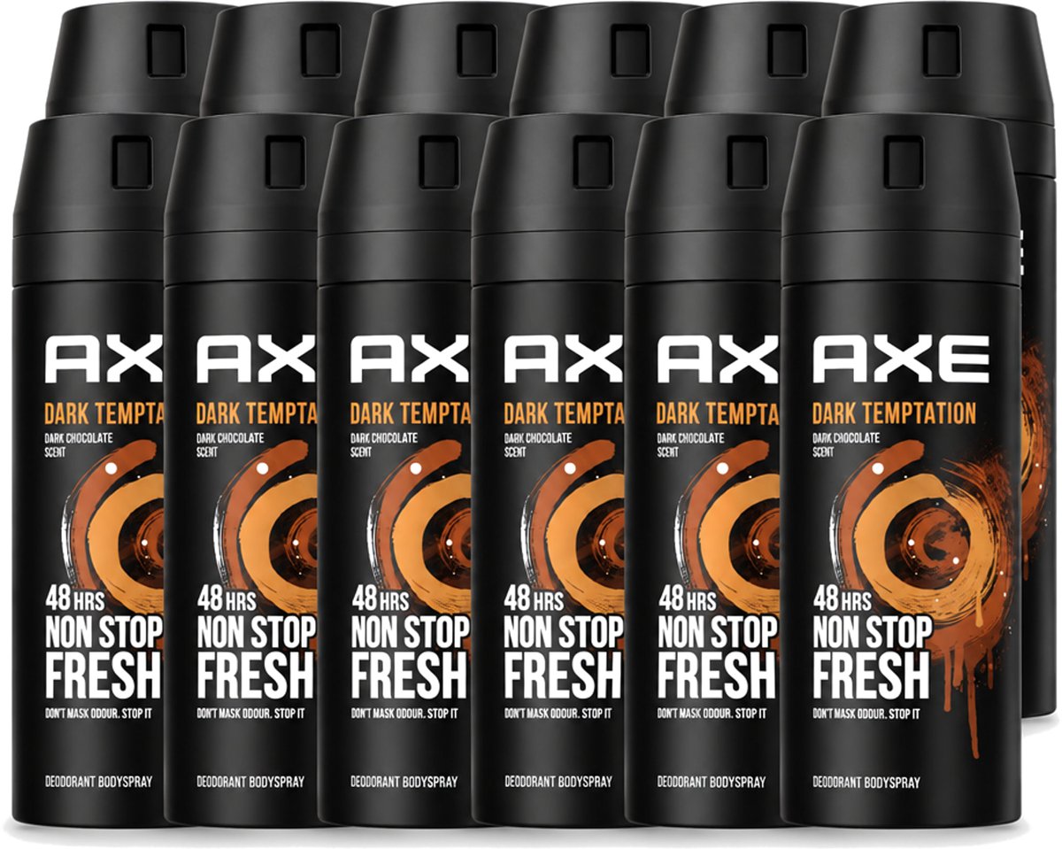 12 x Axe - Deodorant Bodyspray - 48hrs Non Stop Fresh - Dark Temptation - Dark Chocolate - 150 ml - Voordeelverpakking - 12 stuks
